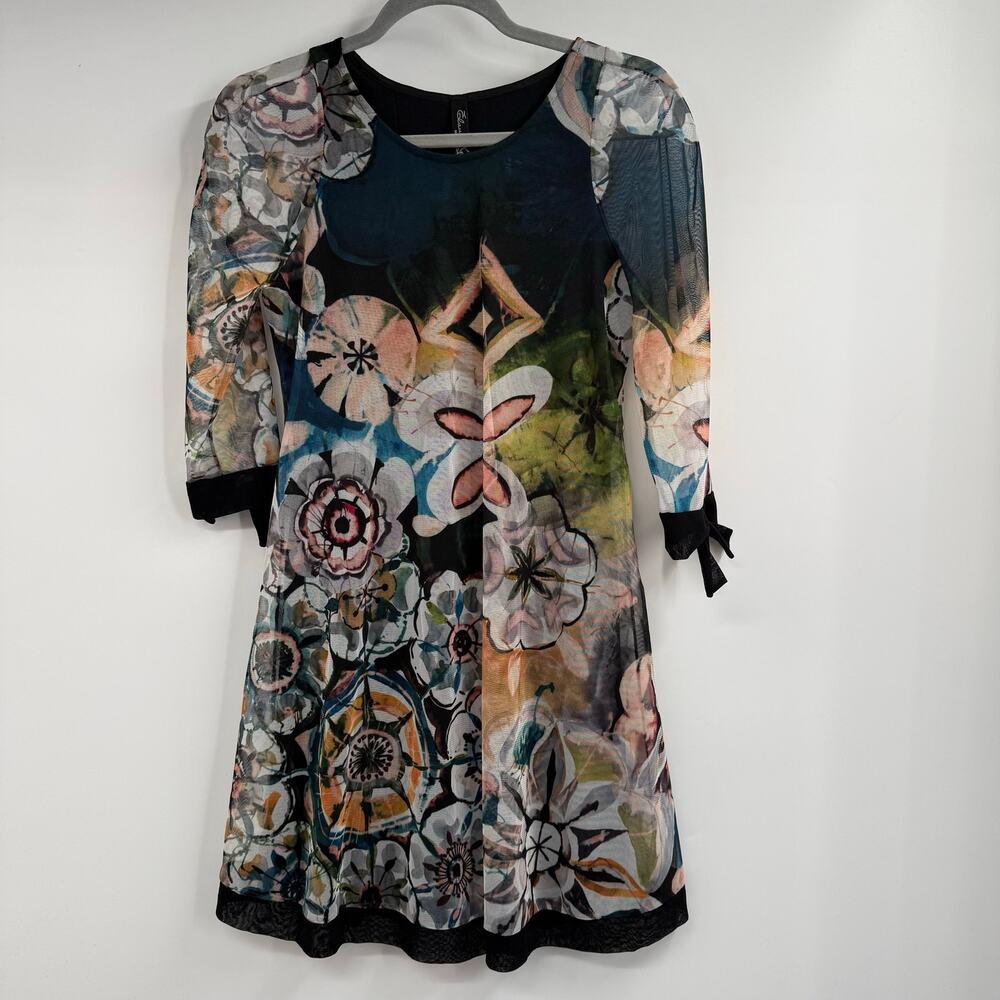 Elana Kattan Gilly A Line Mesh Dress Womens Small Floral Print Above Knee Party